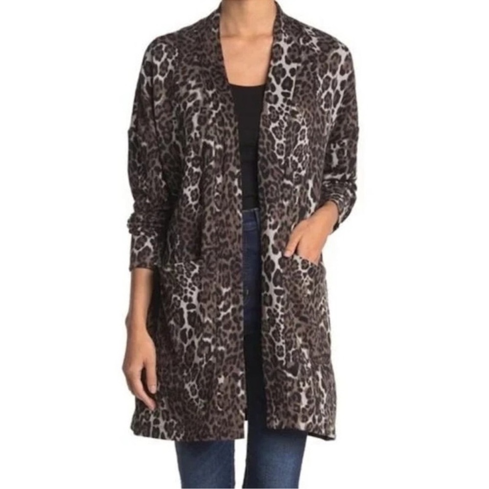 GUC SANCTUARY Gray Leopard Print Open Front Cardigan Sweater Size Medium Pockets